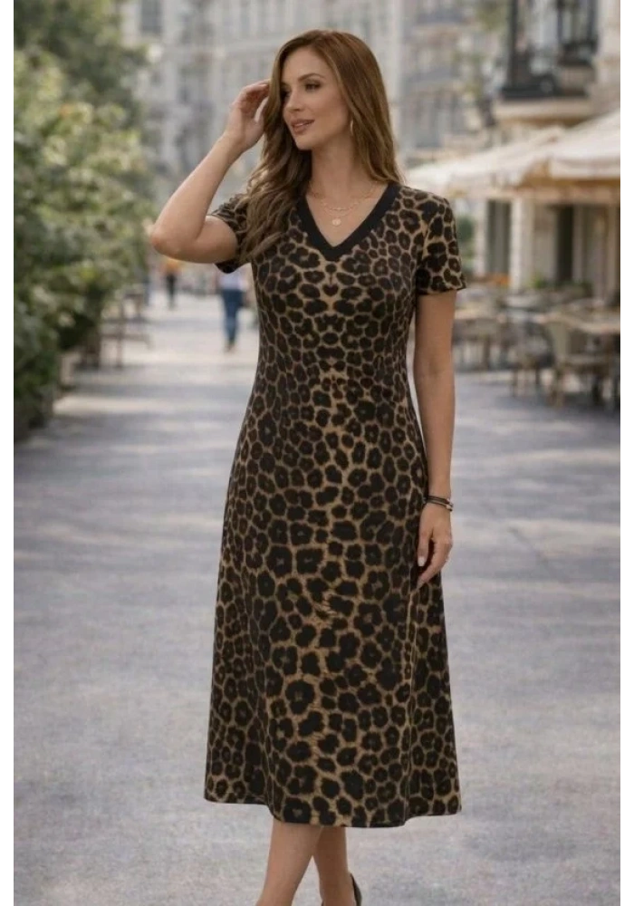 Kadın Kısa Kollu V Yakalı Leopar Desenli Kısa Süprem Elbise