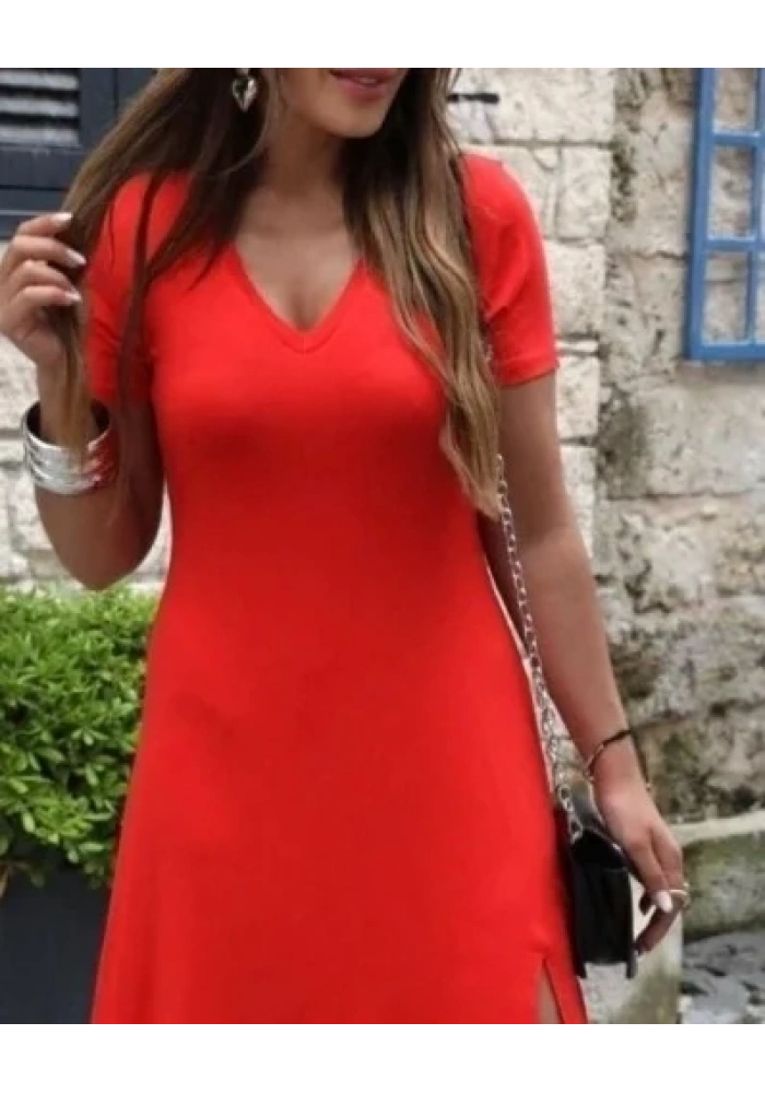 Kadın Kısa Kollu V Yakalı Maksi Boy Viskon Elbise