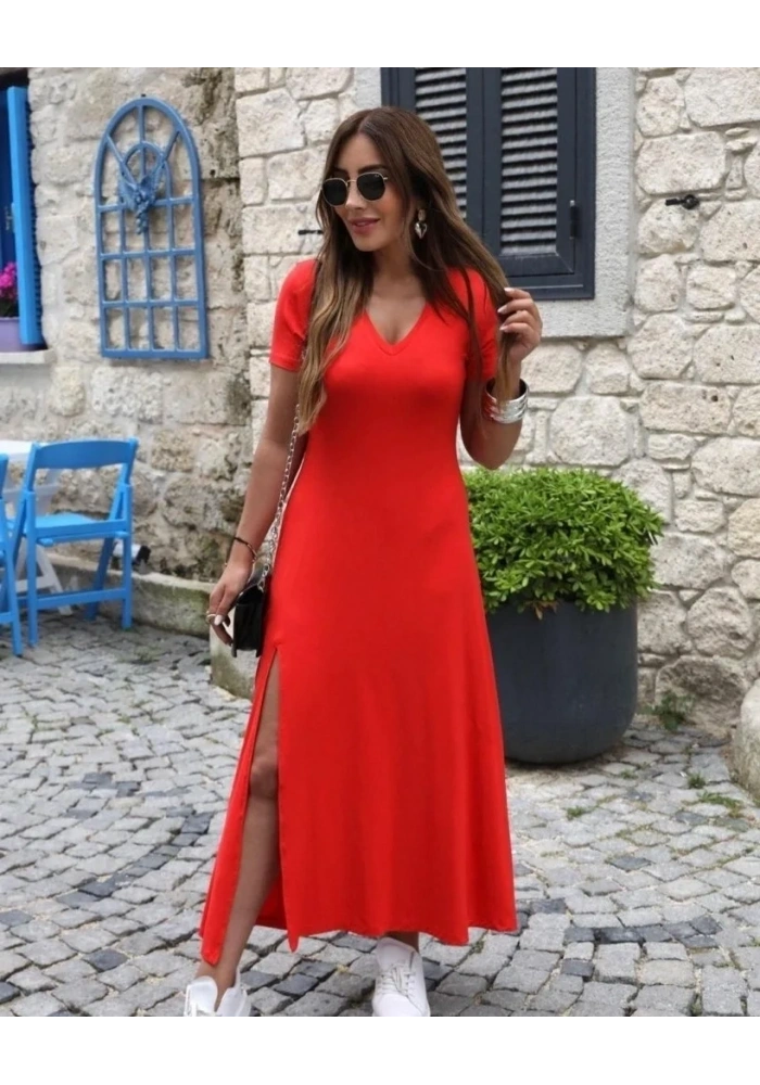 Kadın Kısa Kollu V Yakalı Maksi Boy Viskon Elbise