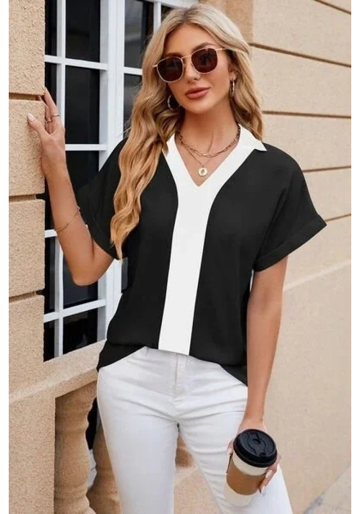 Kadın Kısa Kollu V Yakalı önden şerit Detaylı Sandy Bluz
