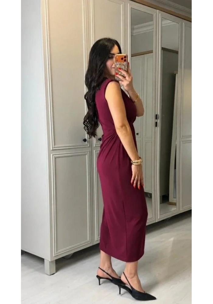 Kadın Kısa Kollu V Yakalı önü Sarmal Detaylı Yırtmaçlı Sandy Midi Elbise