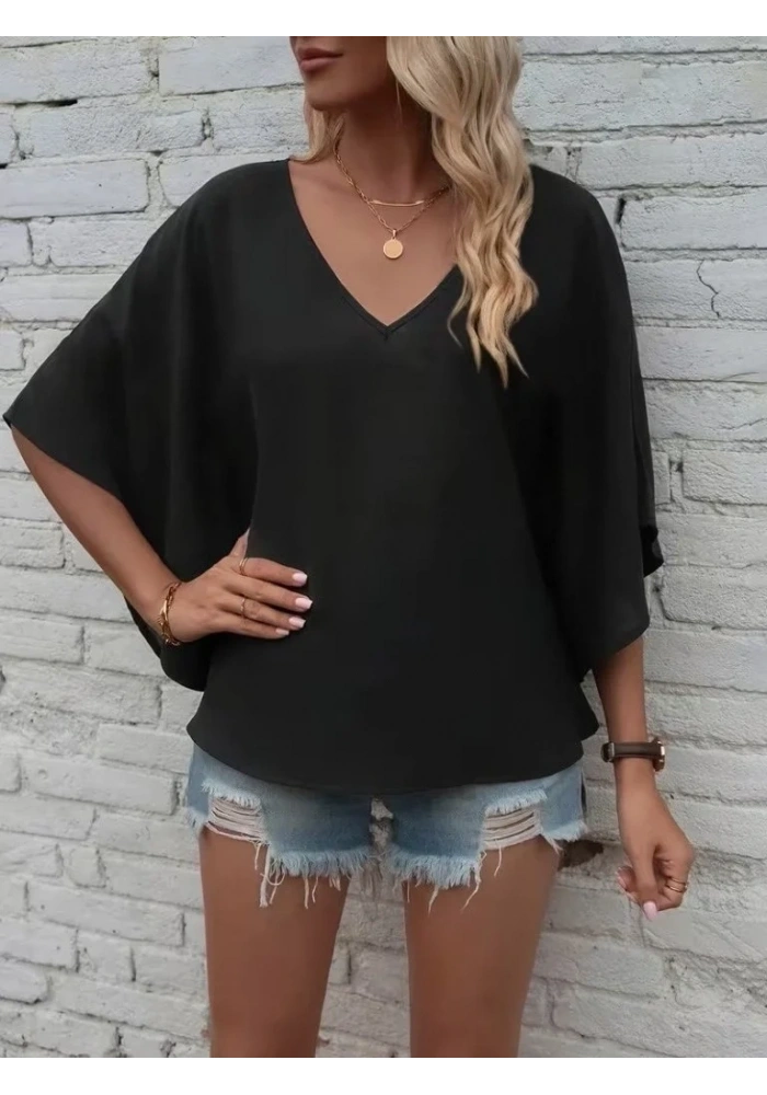 Kadın Kısa Kollu V Yakalı Salaş Viskon Bluz