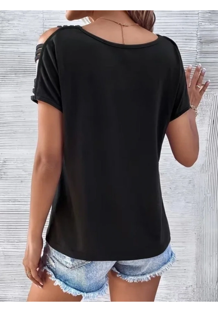 Kadın Kısa Kollu V Yakalı şerit Detaylı Viskon Bluz