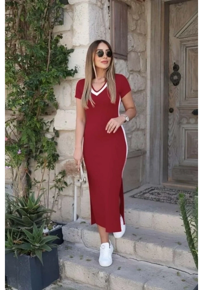 Kadın Kısa Kollu V Yakalı Yandan şerit Ve Yırtmaçlı Viskon Uzun Elbise