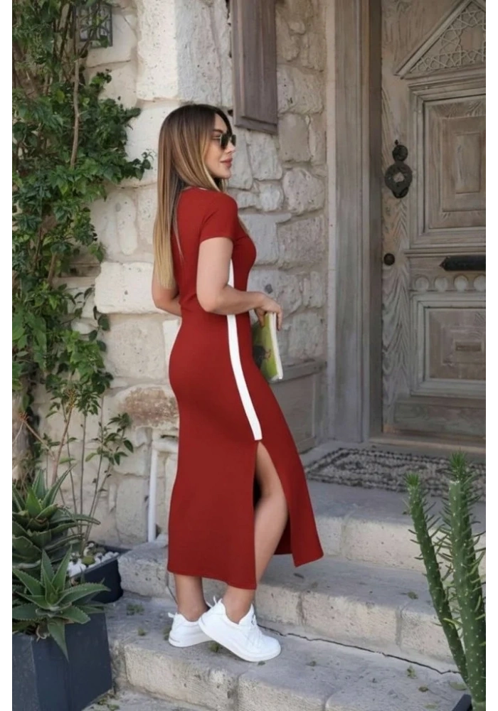 Kadın Kısa Kollu V Yakalı Yandan şerit Ve Yırtmaçlı Viskon Uzun Elbise