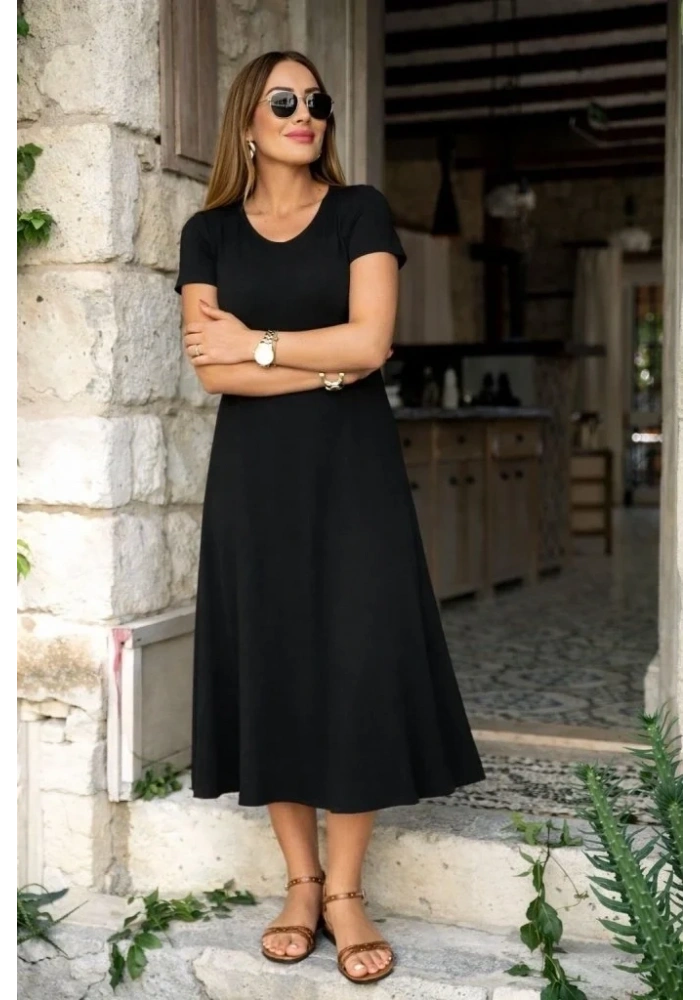 Kadın Kısa Kollu V Yakalı Yırtmaçlı Midi Viskon Elbise