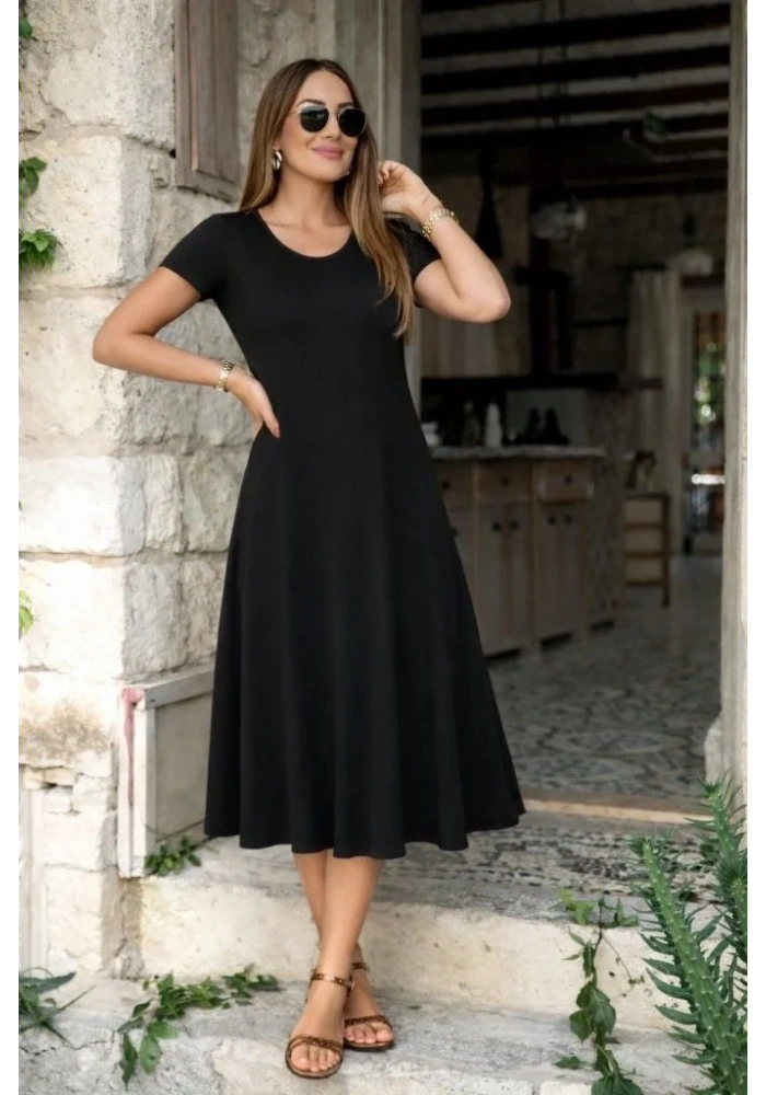 Kadın Kısa Kollu V Yakalı Yırtmaçlı Midi Viskon Elbise