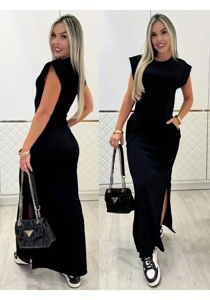 Kadın Kısa Kollu Vatkalı Cep Detaylı Yırtmaçlı Viskon Uzun Elbise