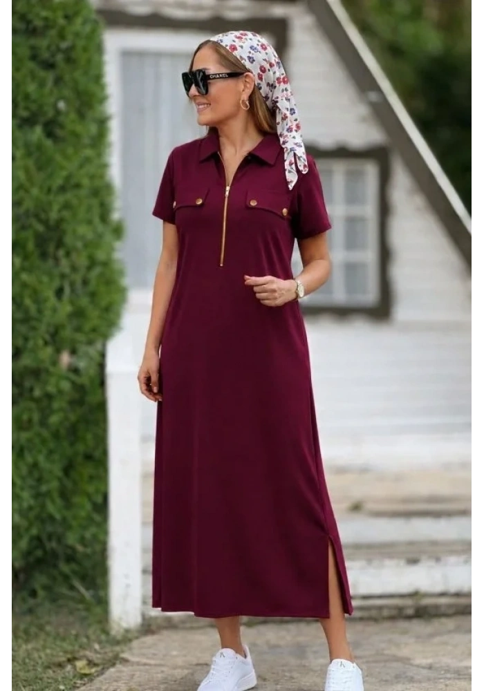 Kadın Kısa Kollu Yakalı Fermuarlı Uzun Viskon Iki Iplik Elbise
