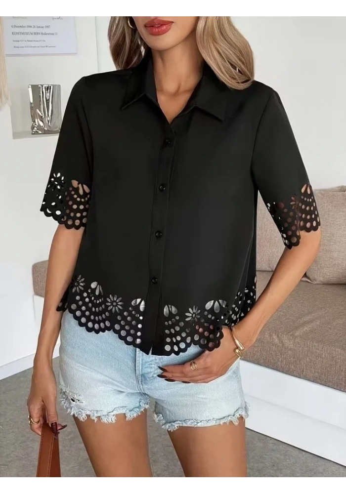 Kadın Kısa Kollu Yakalı önden Düğmeli Dubai Gömlek Bluz
