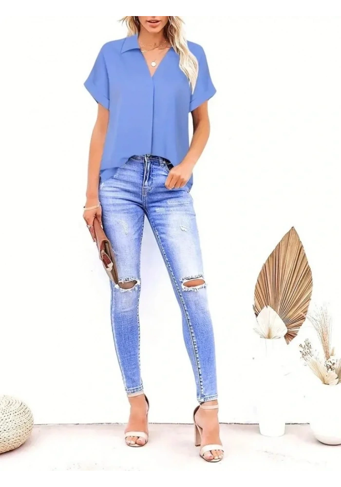 Kadın Kısa Kollu Yakalı Uzun Sandy Bluz