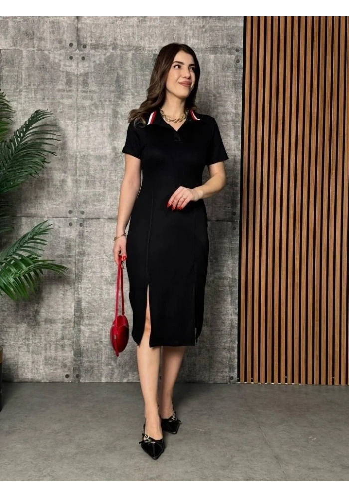 Kadın Kısa Kollu Yakalı Yırtmaçlı Midi Viskon Iki Iplik Elbise