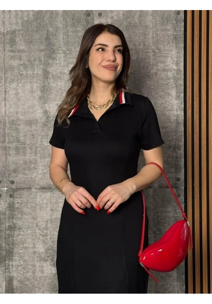 Kadın Kısa Kollu Yakalı Yırtmaçlı Midi Viskon Iki Iplik Elbise