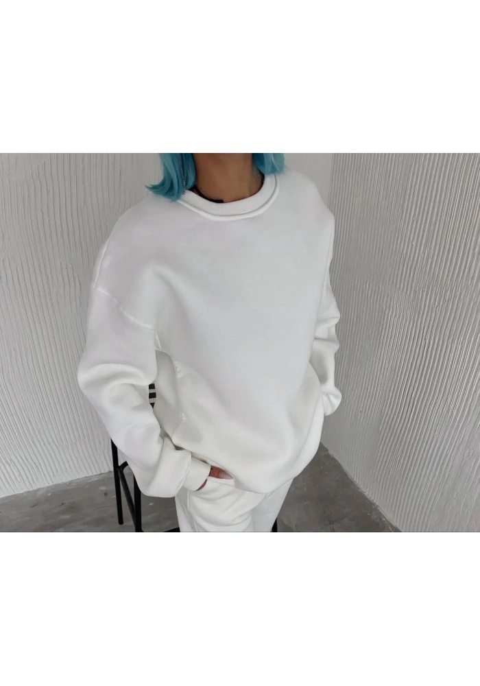 Kadın Bisiklet Yaka 3 İplik Pamuklu Basic SweatShirt - Beyaz