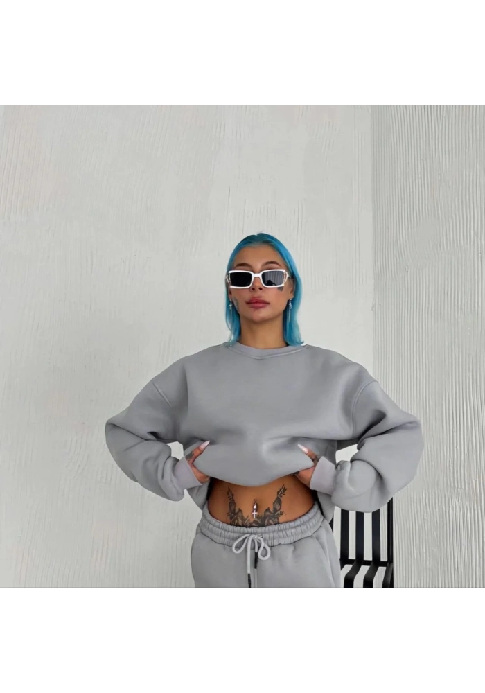 Kadın Bisiklet Yaka 3 İplik Pamuklu Basic SweatShirt - Gri