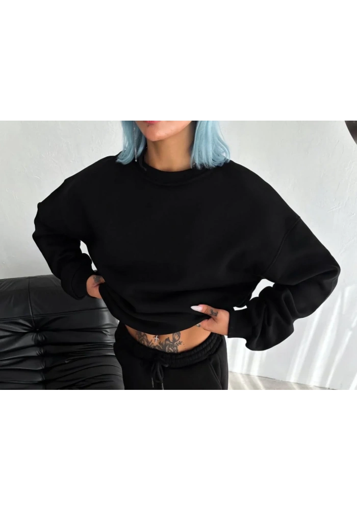Kadın Bisiklet Yaka 3 İplik Pamuklu Basic SweatShirt - Siyah