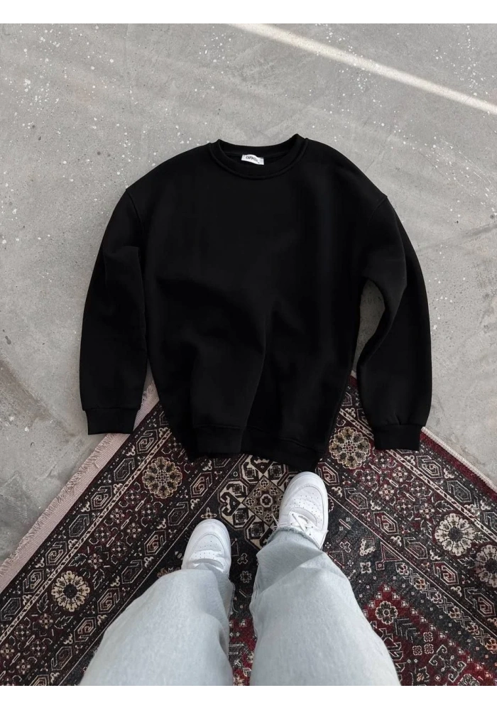 Kadın Bisiklet Yaka 3 İplik Pamuklu Basic SweatShirt - Siyah
