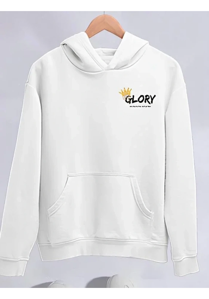 Kadın Oversize Kapüşonlu Kanguru Cepli Baskılı 3 İplik Pamuklu Sweatshirt Hoodie -   Beyaz