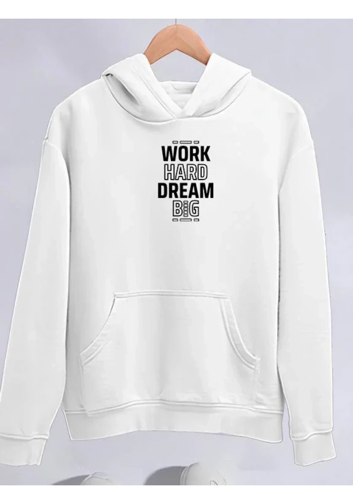 Kadın Oversize Kapüşonlu Cepli Baskılı 3 İplik Pamuklu Hoodie Sweatshirt - Beyaz