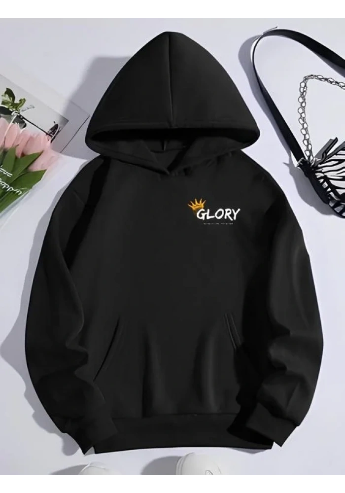 Kadın Oversize Kapüşonlu Kanguru Cepli Baskılı 3 İplik Pamuklu Sweatshirt Hoodie -   Siyah