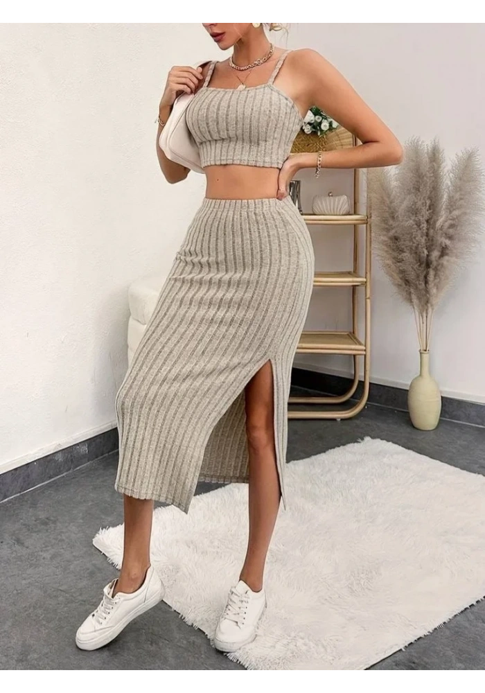 Kadın Kolsuz Askılı Crop Yırtmaçlı Midi Etek Fitilli Kaşkorse Takım