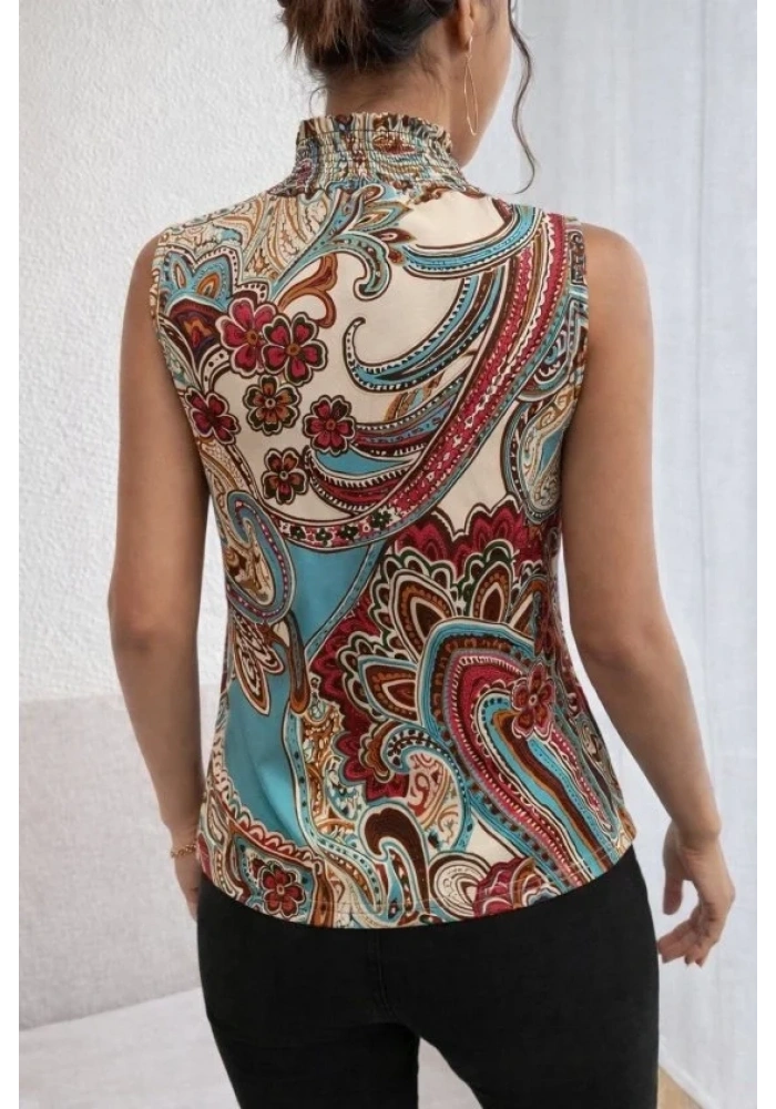 Kadın Kolsuz Balıkçı Yaka Desenli Süprem Bluz