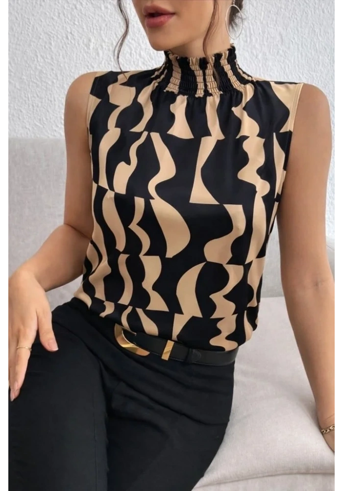 Kadın Kolsuz Balıkçı Yaka Desenli Süprem Bluz