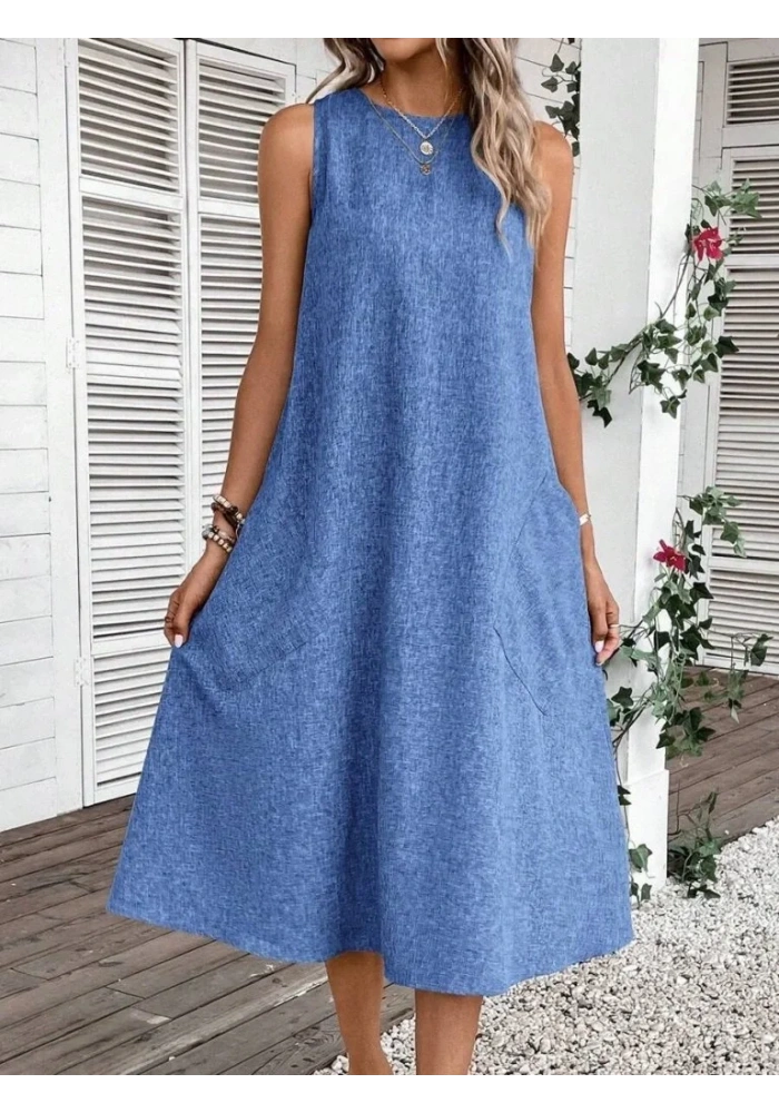 Kadın Kolsuz Bisiklet Yaka Cepli Midi Keten Elbise