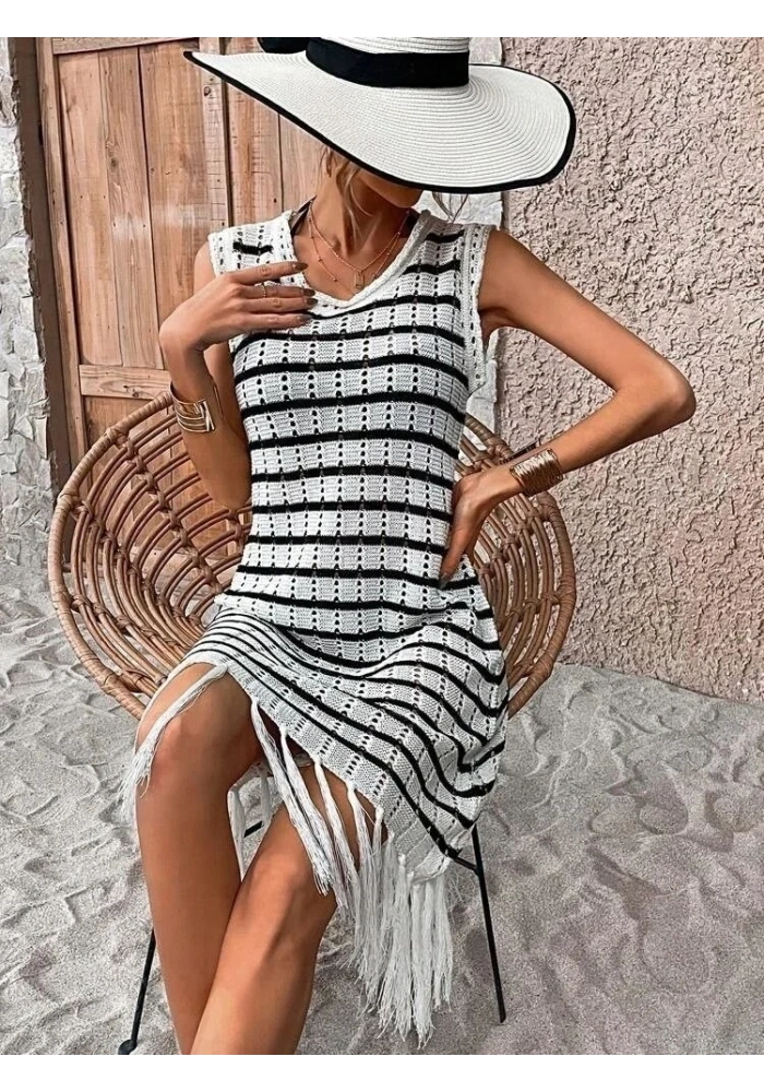 Kadın Kolsuz Eteği Püsküllü çizgi Desen Triko Elbise