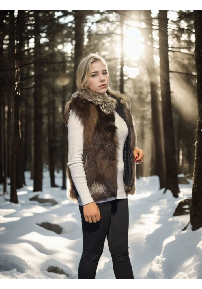 Kadın Kolsuz Fermuarlı Yelek - Kahve