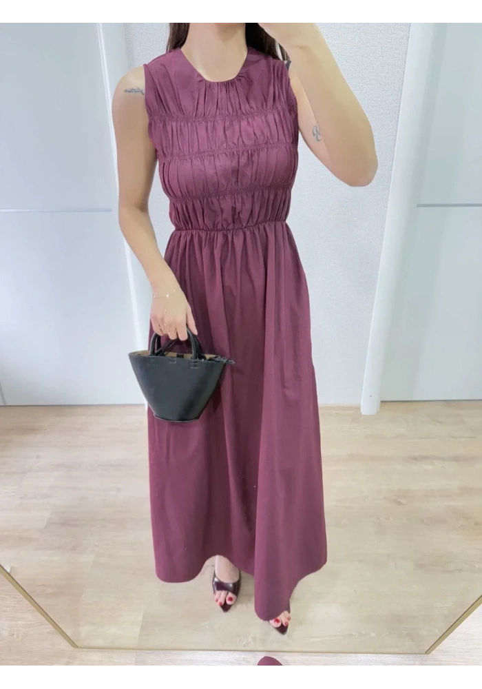 Kadın Kolsuz Göğüs Lastıklı %100 Poplin Uzun Elbise - Bordo