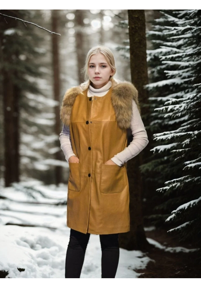 Kadın Kolsuz Hakiki Deri Kürk - Hardal