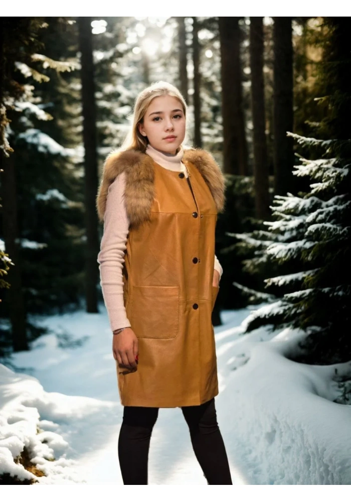 Kadın Kolsuz Hakiki Deri Kürk - Hardal