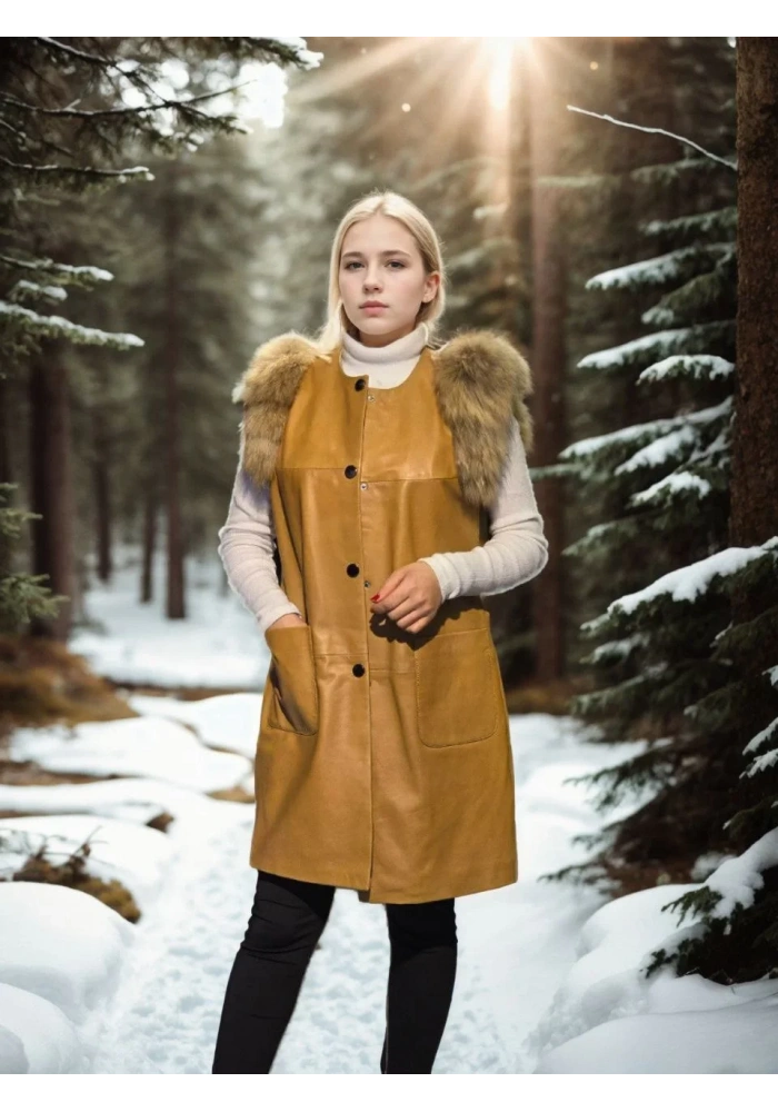 Kadın Kolsuz Hakiki Deri Kürk - Hardal