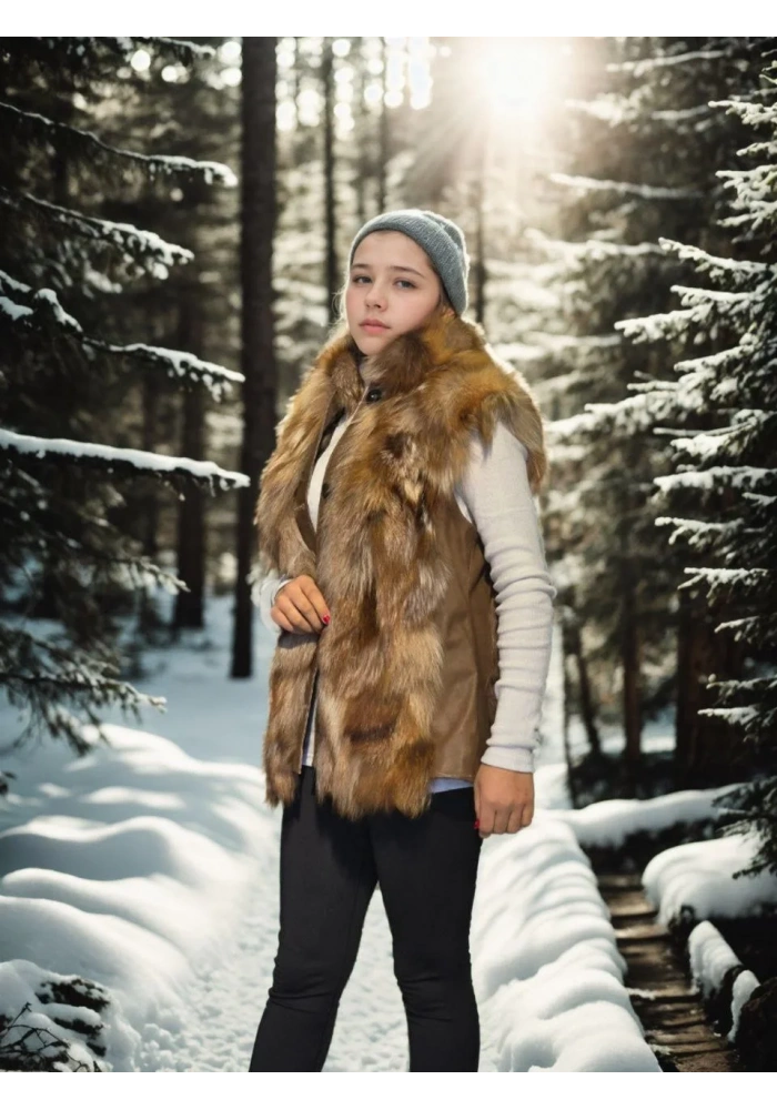 Kadın Kolsuz Hakiki Deri Kürk - Kahve