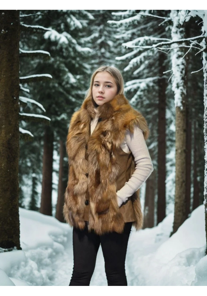 Kadın Kolsuz Hakiki Deri Kürk - Kahve