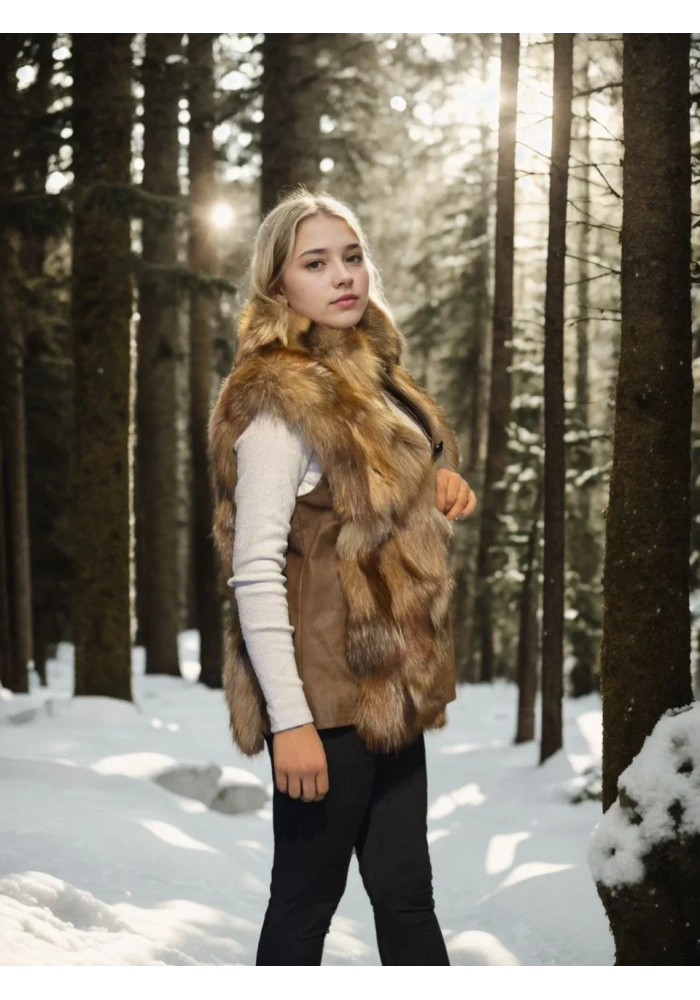 Kadın Kolsuz Hakiki Deri Kürk - Kahve