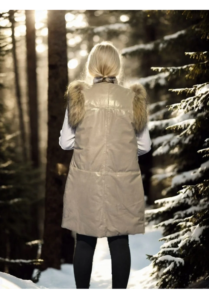 Kadın Kolsuz Hakiki Deri Kürk - Krem