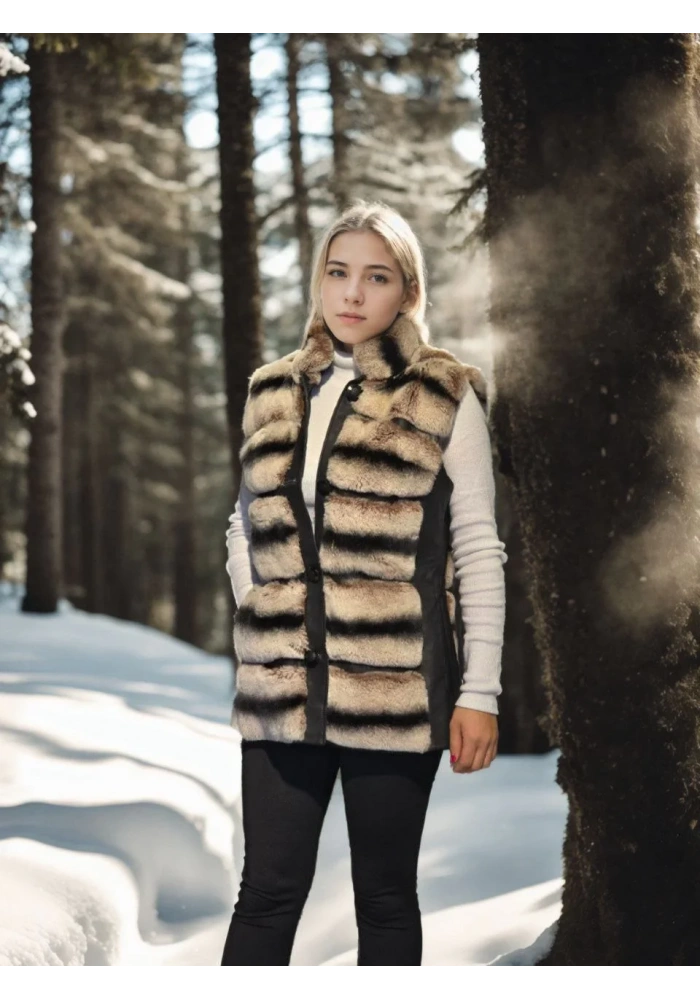 Kadın Kolsuz Hakiki Deri Kürk - Siyah