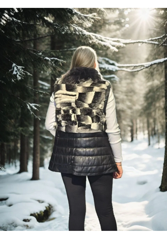 Kadın Kolsuz Hakiki Deri Kürk - Siyah