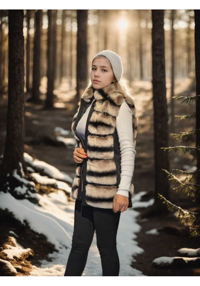 Kadın Kolsuz Hakiki Deri Kürk - Siyah