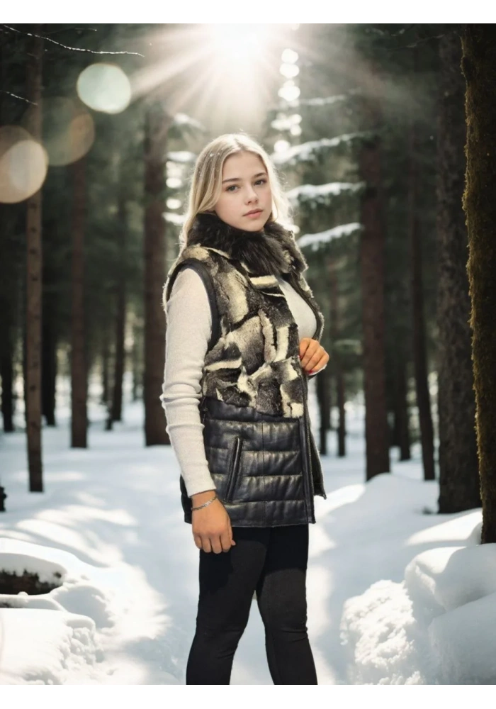 Kadın Kolsuz Hakiki Deri Kürk - Siyah