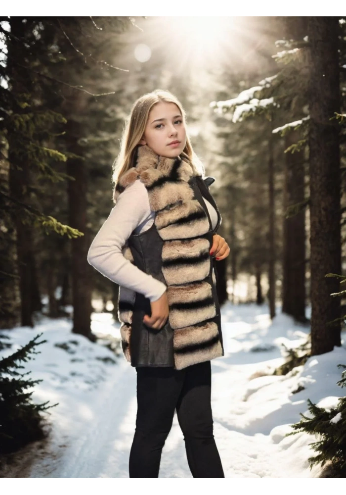 Kadın Kolsuz Hakiki Deri Kürk - Siyah