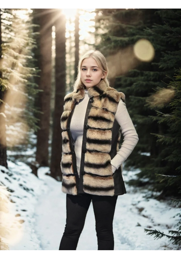 Kadın Kolsuz Hakiki Deri Kürk - Siyah