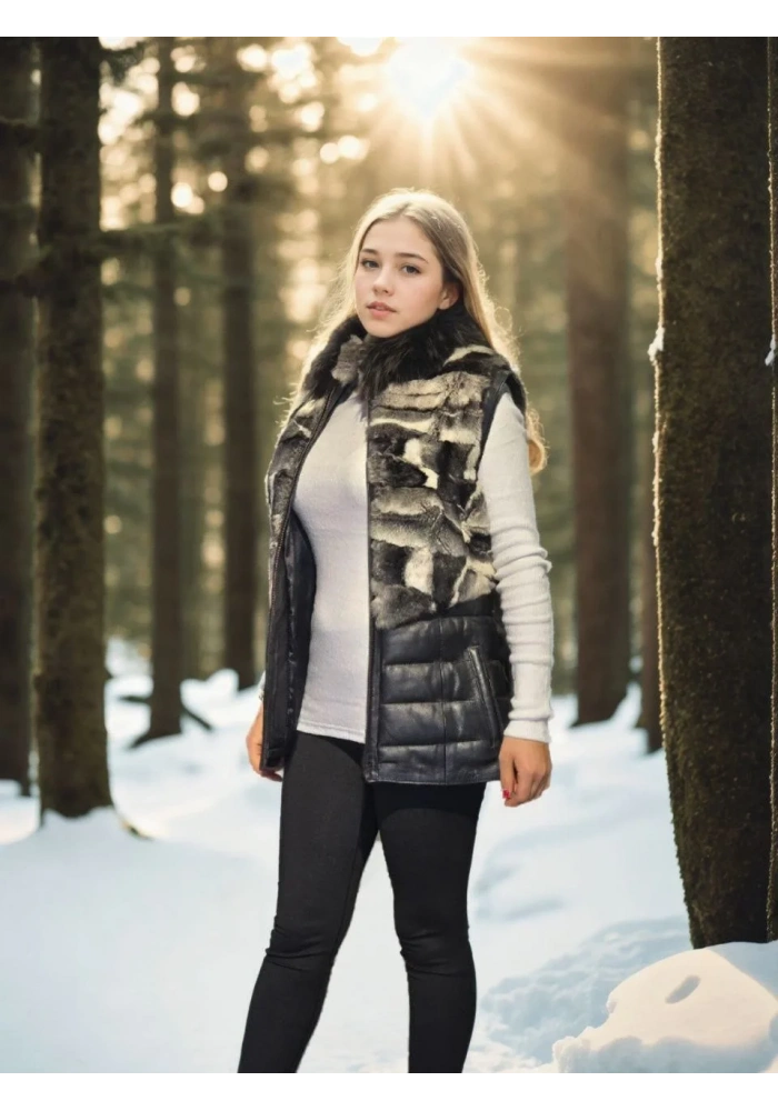 Kadın Kolsuz Hakiki Deri Kürk - Siyah