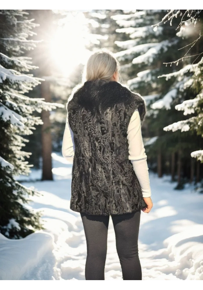 Kadın Kolsuz Hakiki Kürk - Siyah