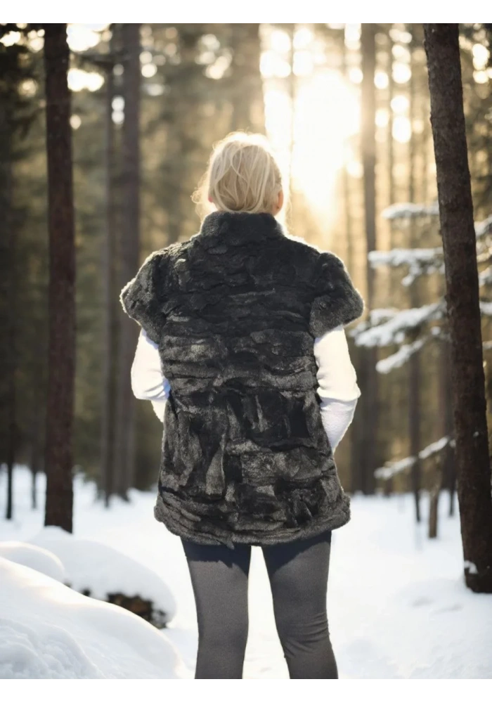 Kadın Kolsuz Hakiki Kürk - Siyah