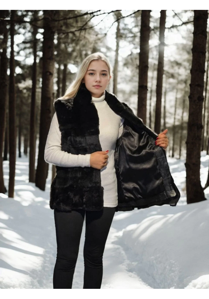 Kadın Kolsuz Hakiki Kürk - Siyah