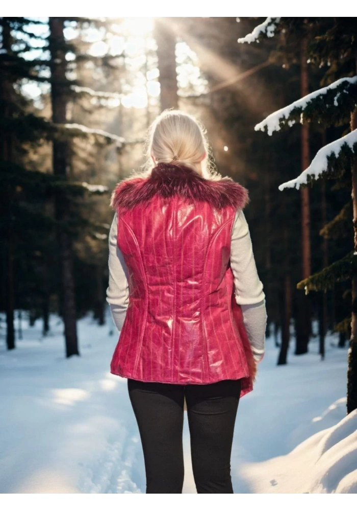 Kadın Kolsuz Hakiki Yelek - Fuşya