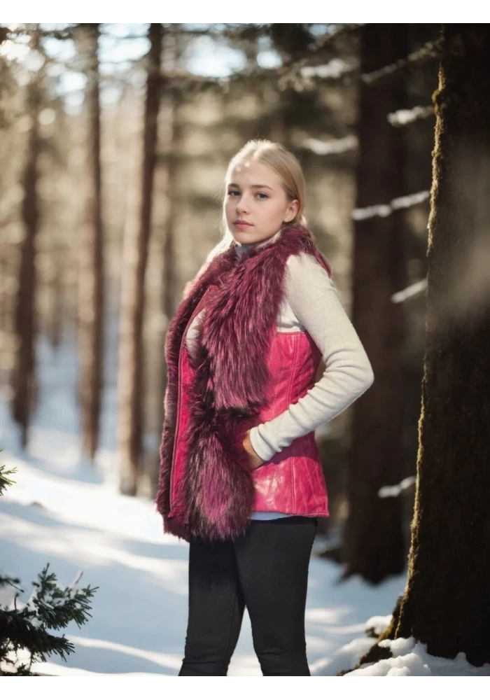 Kadın Kolsuz Hakiki Yelek - Fuşya